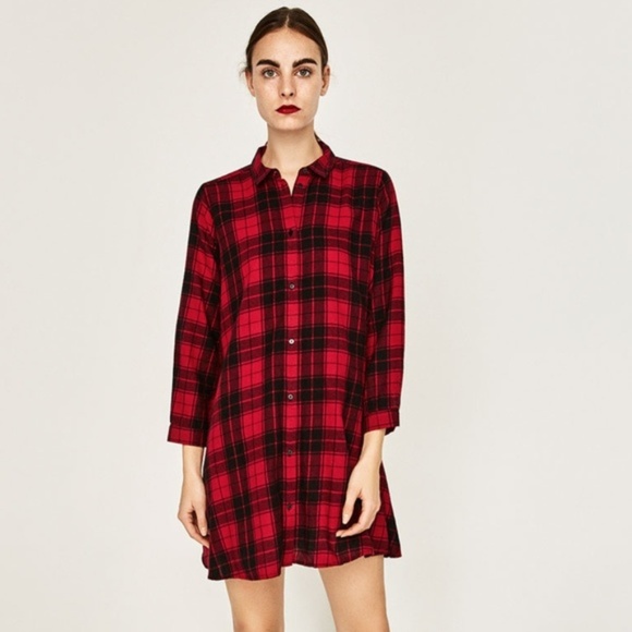 Zara Tops - Zara Woman Red Black Plaid Shirt Dress Size xs
